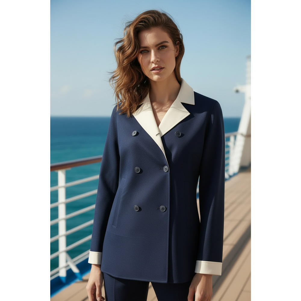 LORO PIANA Caleb Navy White Cotton Blend Twill Double Breasted Jacket Blazer - Picture 2 of 9